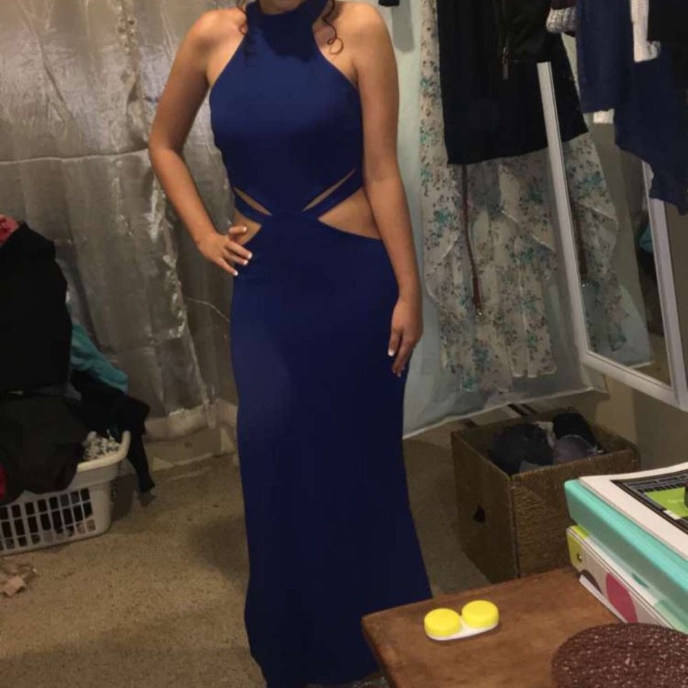 Dark blue dress with slits. Has been altered